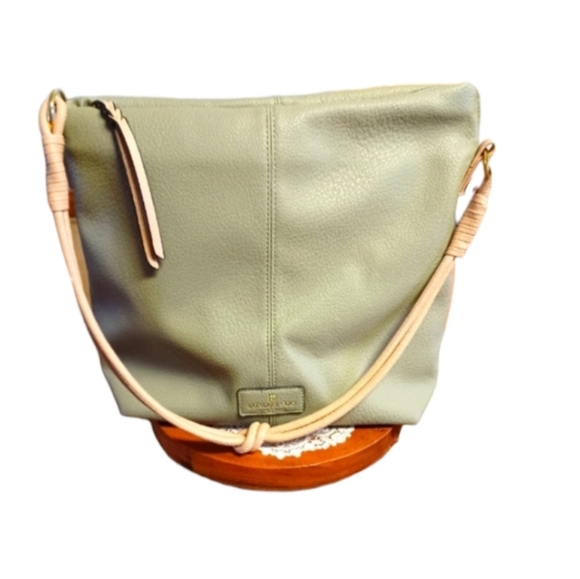London Fog Collection Sage Green/Cream/Tan Oversized Knotted Strap Bag 12" - Picture 16 of 16